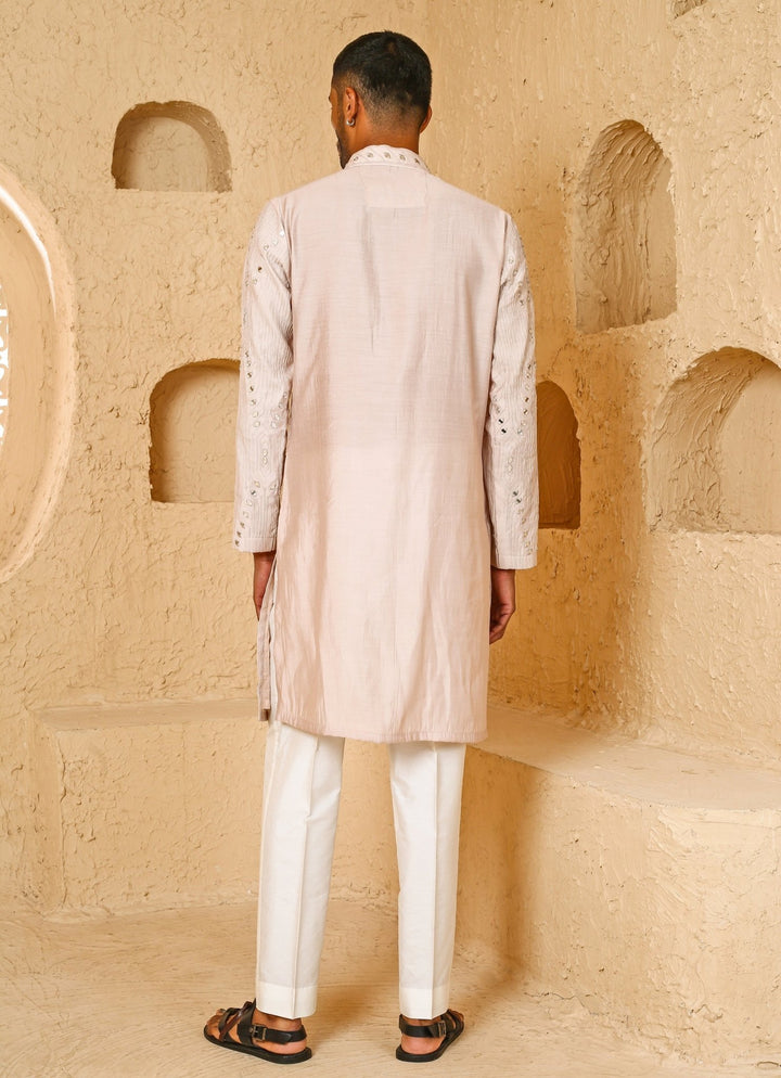 Light Beige Mirror Embroidered Silk Blend Kurta Set Chatenya Mittal - Fabilicious Fashion