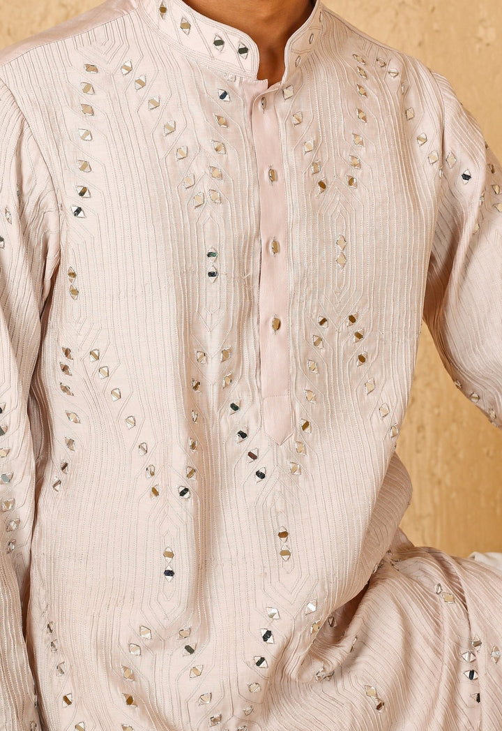 Light Beige Mirror Embroidered Silk Blend Kurta Set Chatenya Mittal - Fabilicious Fashion