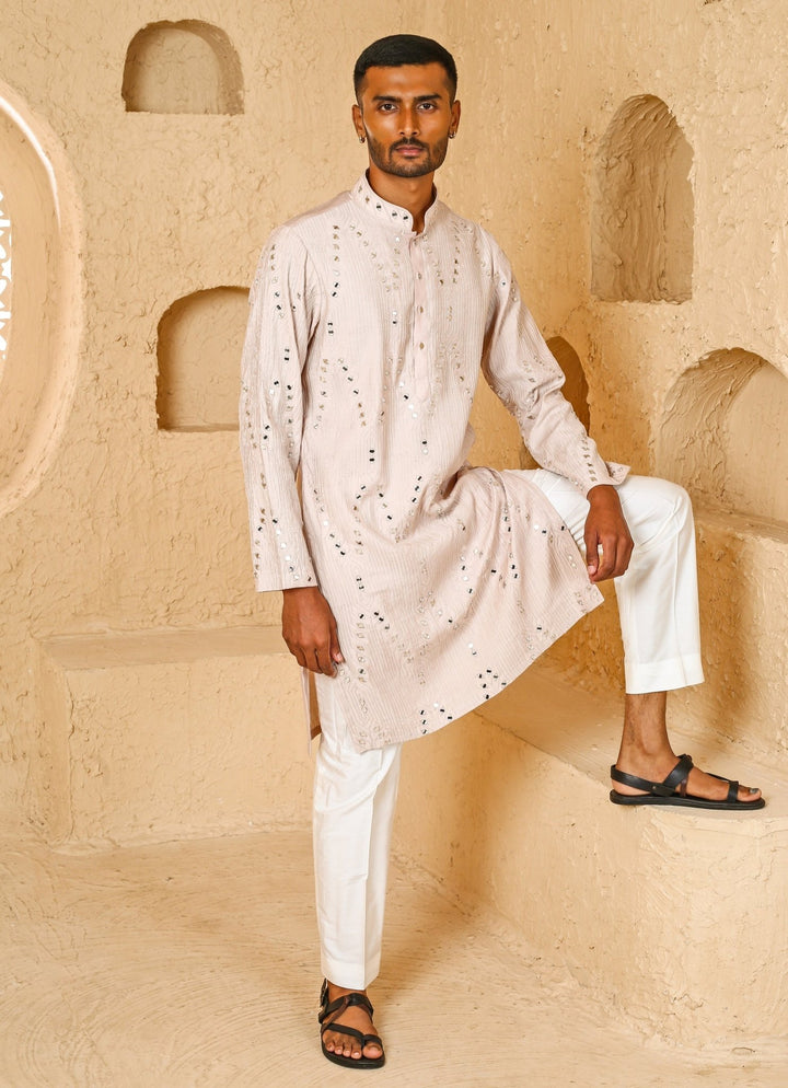 Light Beige Mirror Embroidered Silk Blend Kurta Set Chatenya Mittal - Fabilicious Fashion
