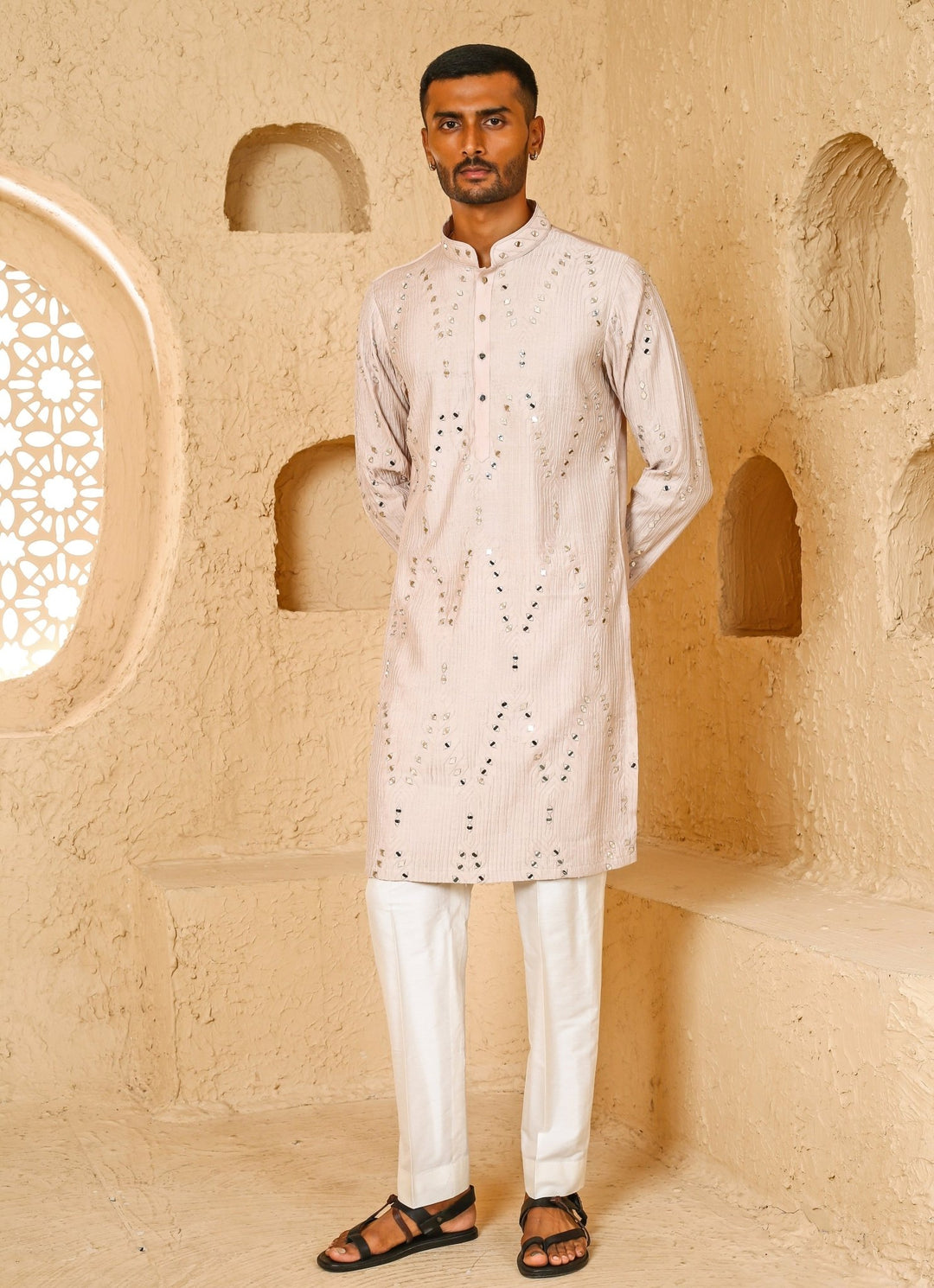 Light Beige Mirror Embroidered Silk Blend Kurta Set Chatenya Mittal - Fabilicious Fashion