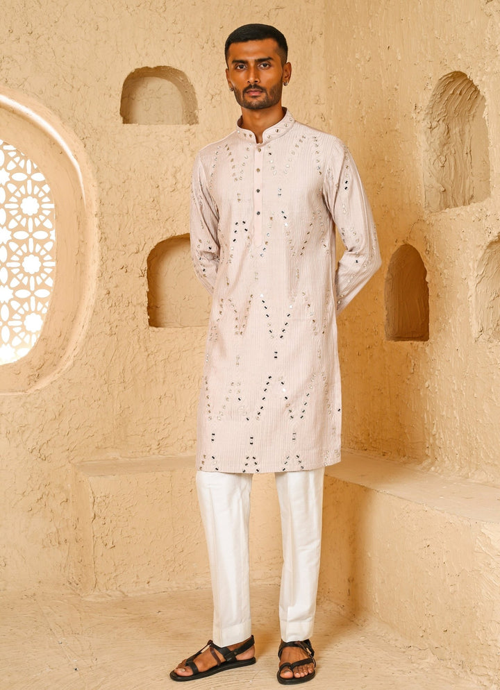Light Beige Mirror Embroidered Silk Blend Kurta Set Chatenya Mittal - Fabilicious Fashion
