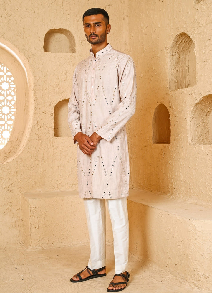 Light Beige Mirror Embroidered Silk Blend Kurta Set Chatenya Mittal - Fabilicious Fashion