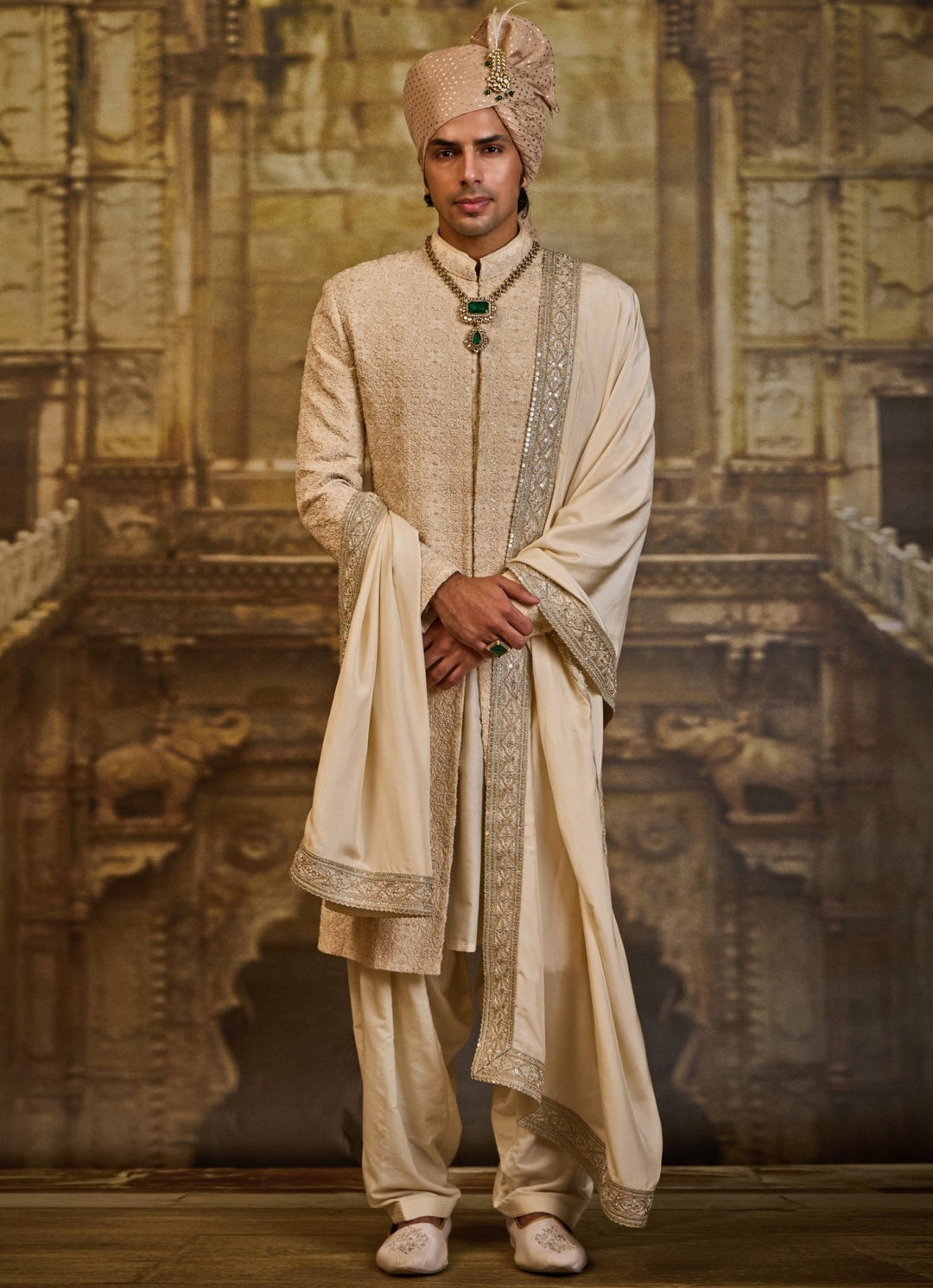 Light Beige Raw Silk Sherwani Set Nitika Gujral - Men - Fabilicious Fashion