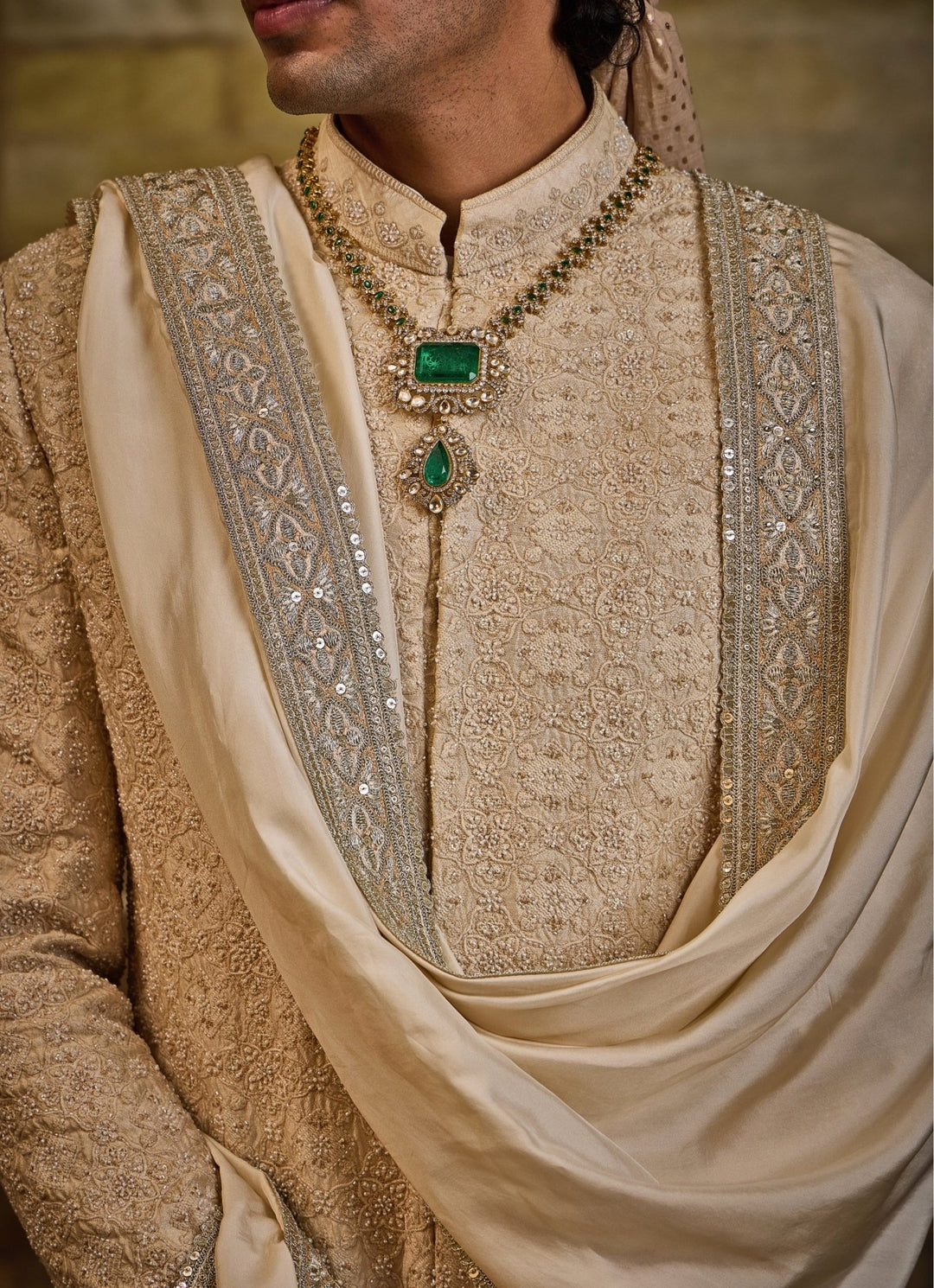 Light Beige Raw Silk Sherwani Set Nitika Gujral - Men - Fabilicious Fashion