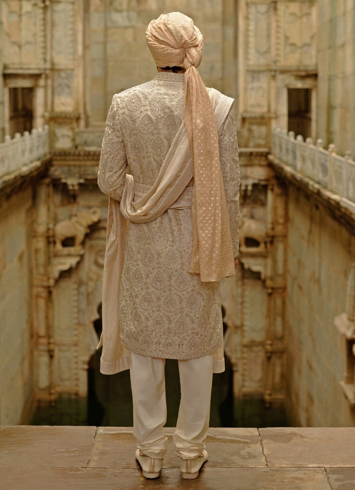 Light Beige Raw Silk Sherwani Set Nitika Gujral - Men - Fabilicious Fashion
