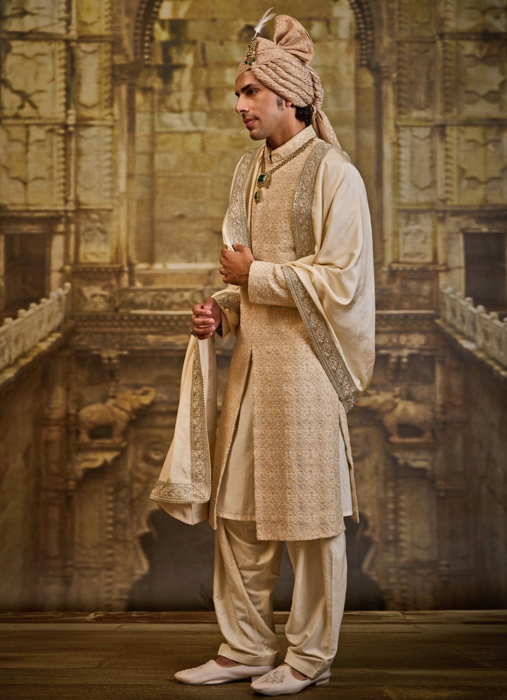 Light Beige Raw Silk Sherwani Set Nitika Gujral - Men - Fabilicious Fashion