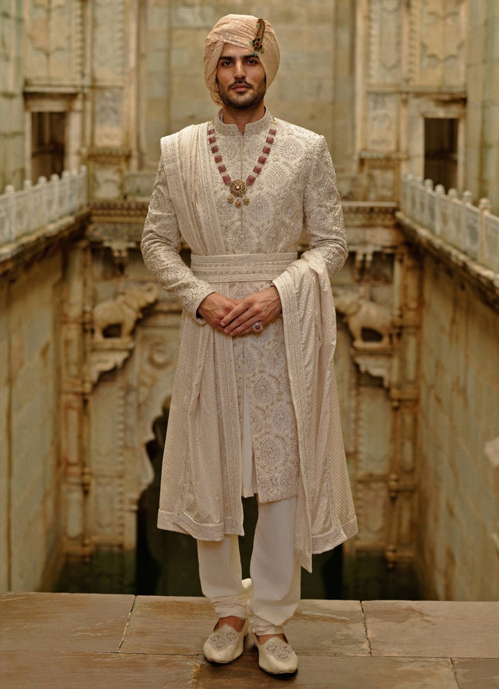 Light Beige Raw Silk Sherwani Set Nitika Gujral - Men - Fabilicious Fashion