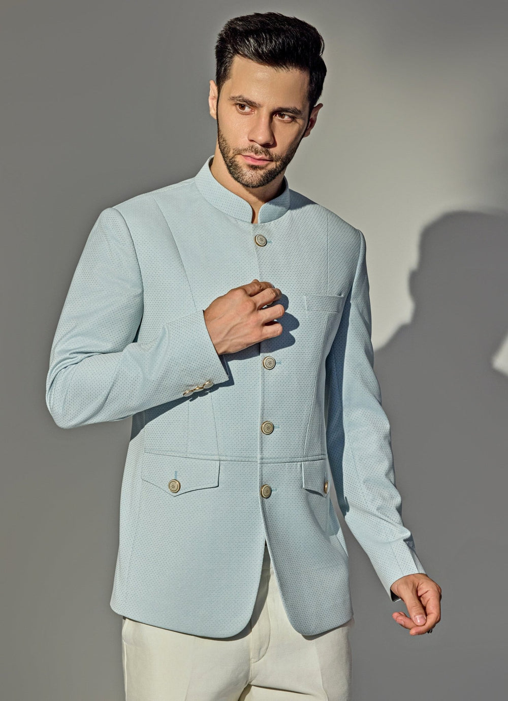 Light Blue Bandhgala Jacket Set Chatenya Mittal - Fabilicious Fashion