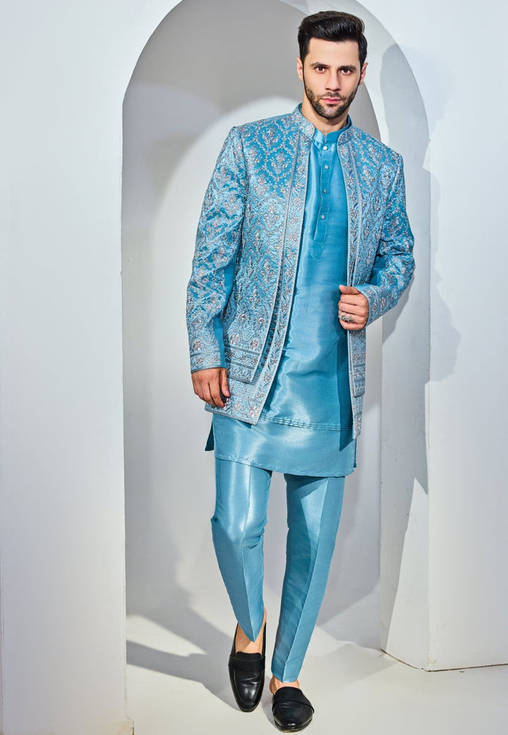 Light Blue Indo - Western Embroidery Kurta Jacket Set Chatenya Mittal - Fabilicious Fashion