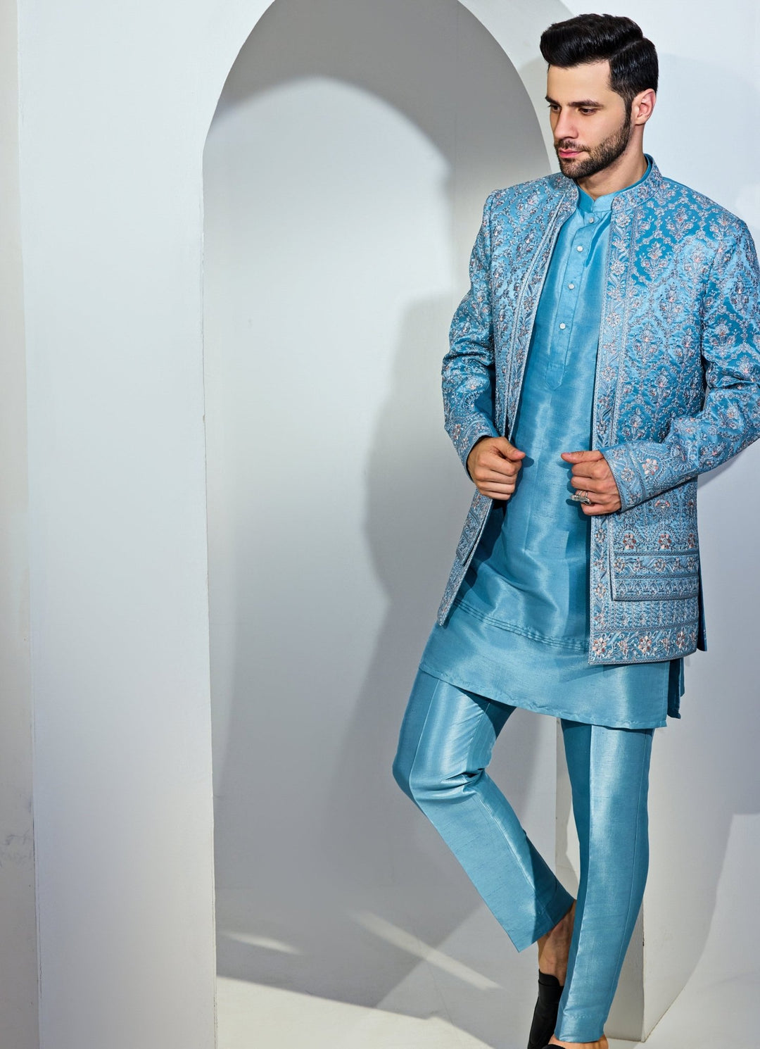 Light Blue Indo - Western Embroidery Kurta Jacket Set Chatenya Mittal - Fabilicious Fashion