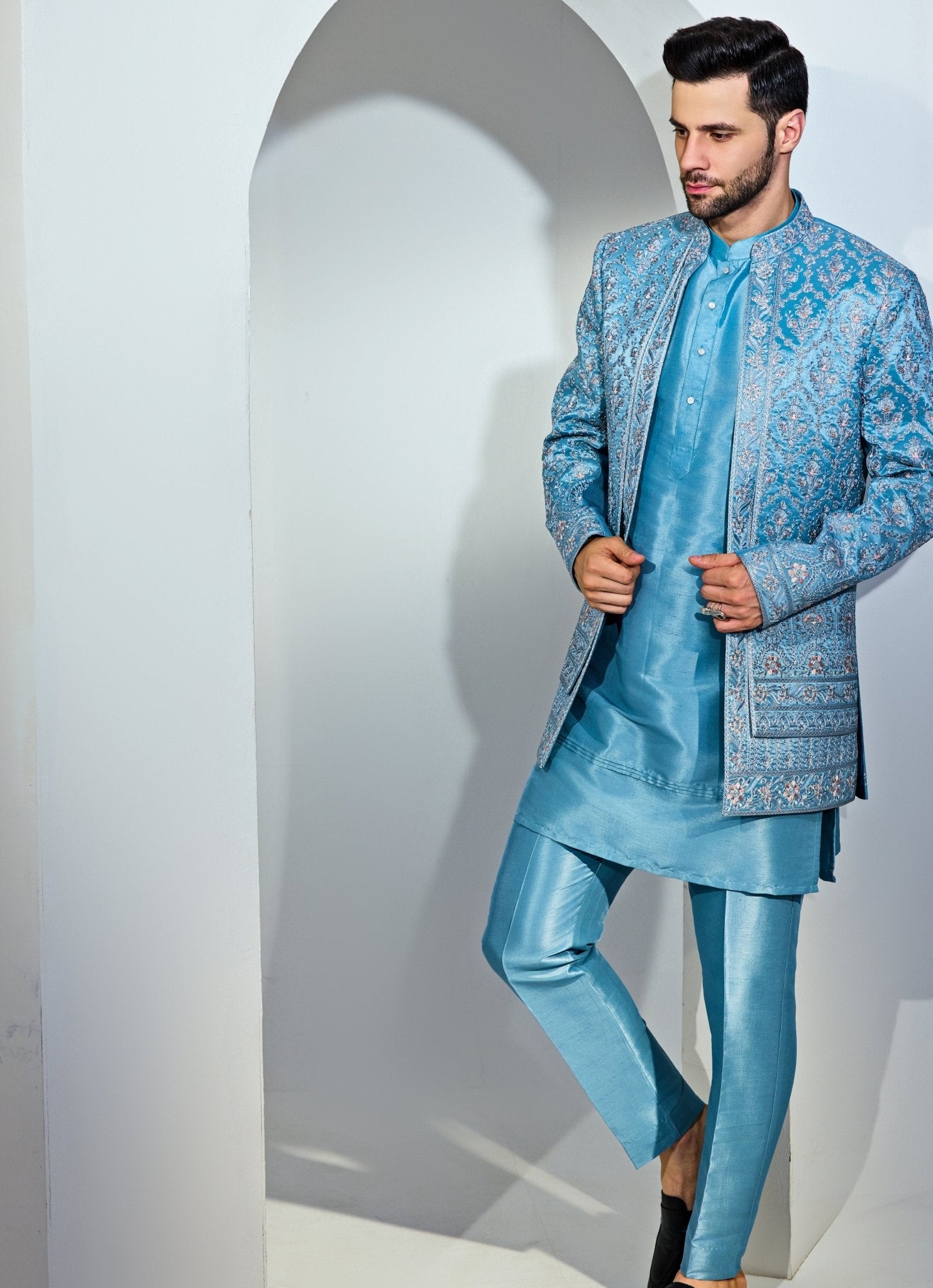 Light blue Indo-Western kurta jacket set — men’s cocktail wedding wear
