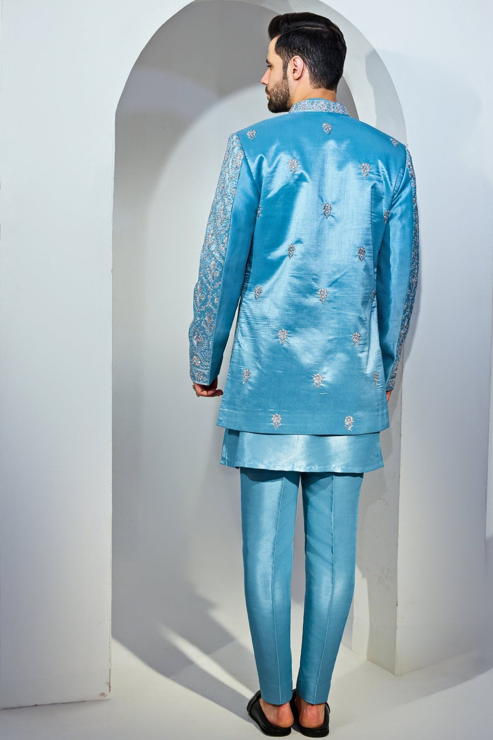 Light Blue Indo - Western Embroidery Kurta Jacket Set Chatenya Mittal - Fabilicious Fashion
