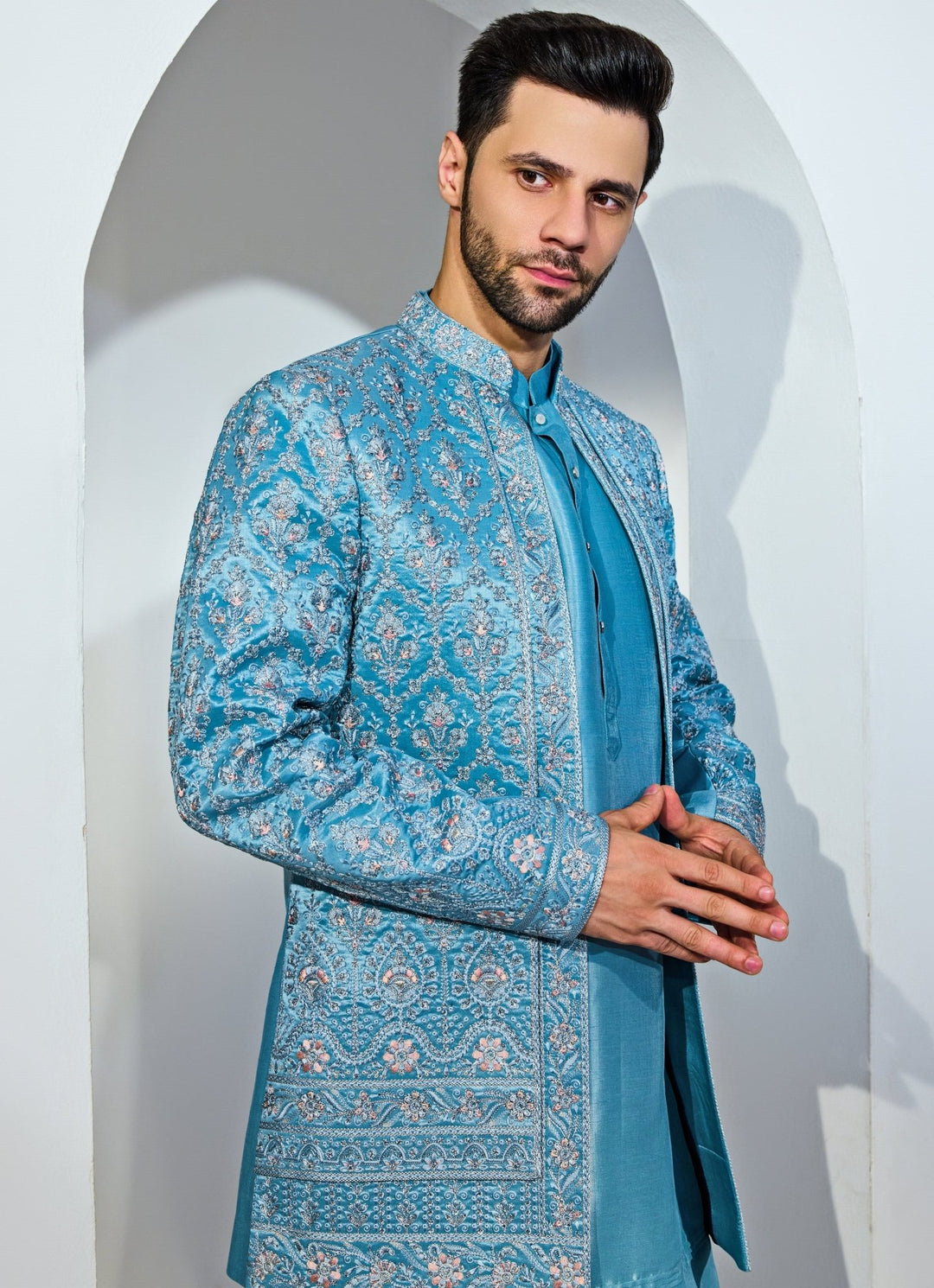 Light Blue Indo - Western Embroidery Kurta Jacket Set Chatenya Mittal - Fabilicious Fashion