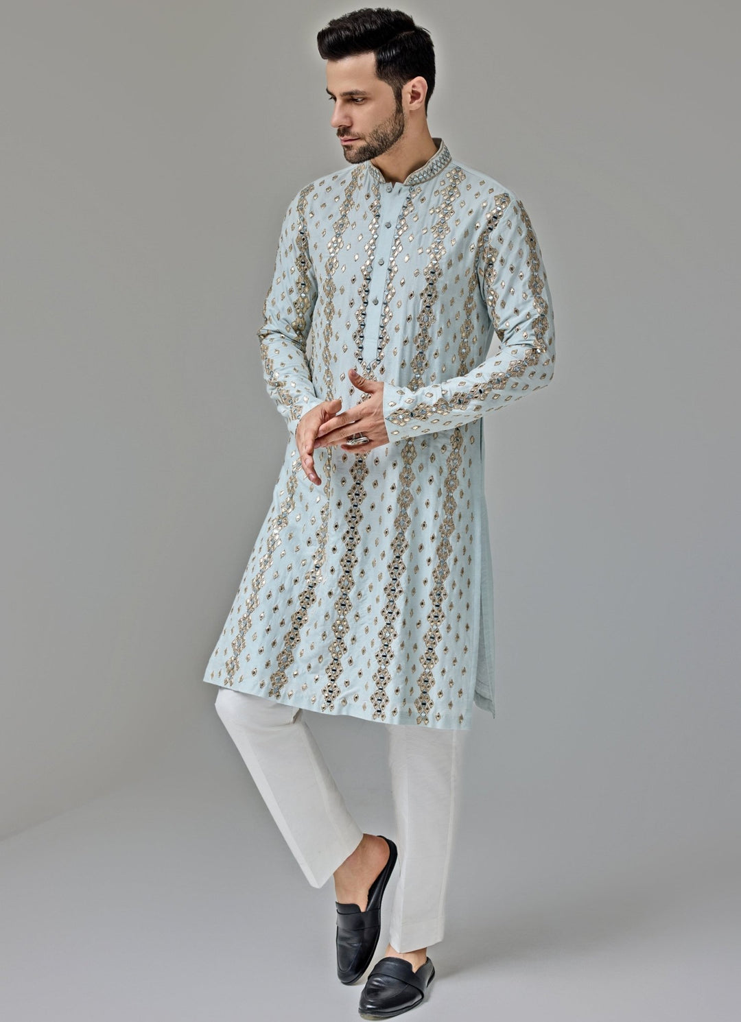 Light Blue Mirror Embroidery Kurta Set Chatenya Mittal - Fabilicious Fashion