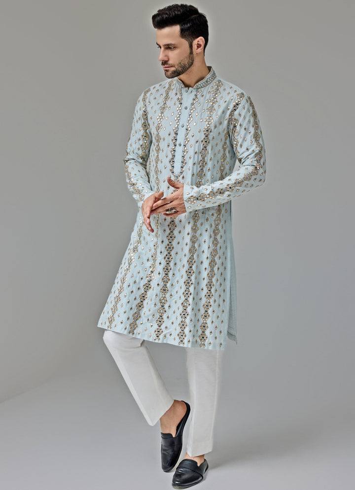 Light Blue Mirror Embroidery Kurta Set Chatenya Mittal - Fabilicious Fashion