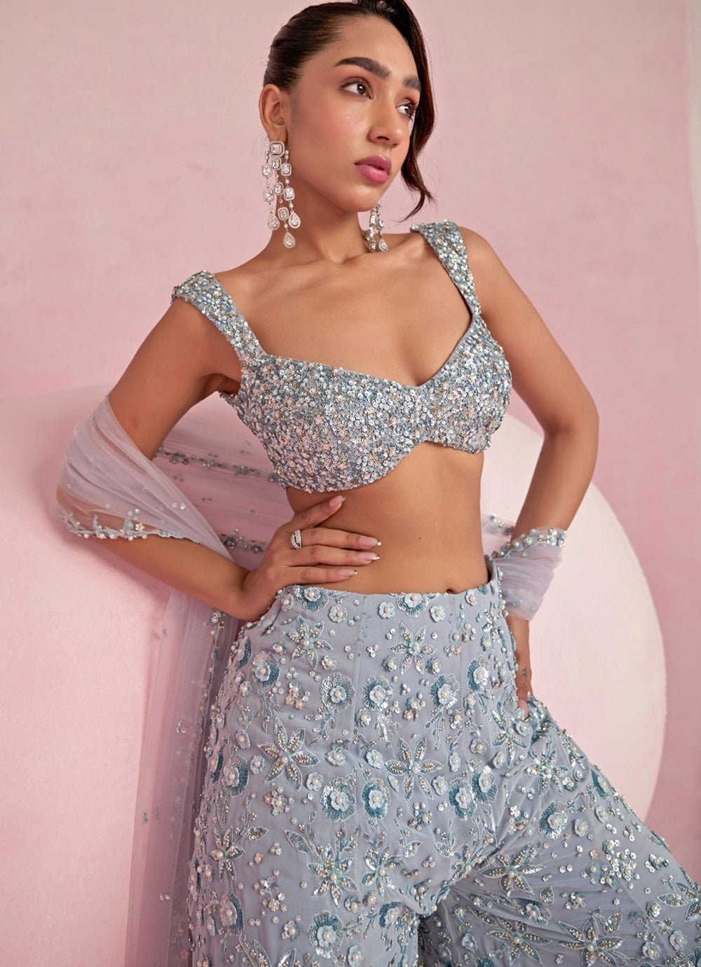 Light Blue Sequined Blouse Sharara Set Prevasu - Fabilicious Fashion