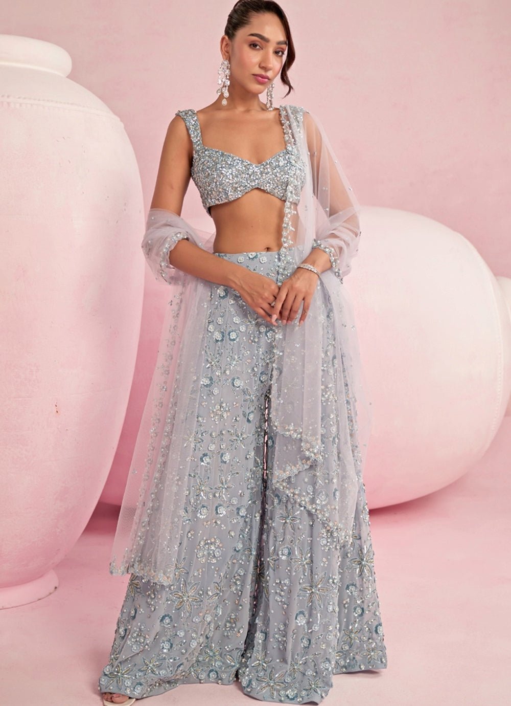 Light Blue Sequined Blouse Sharara Set Prevasu - Fabilicious Fashion