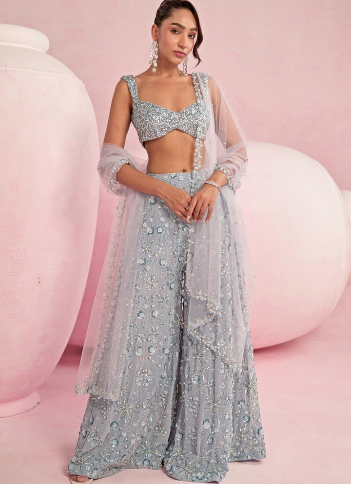 Light Blue Sequined Blouse Sharara Set Prevasu - Fabilicious Fashion