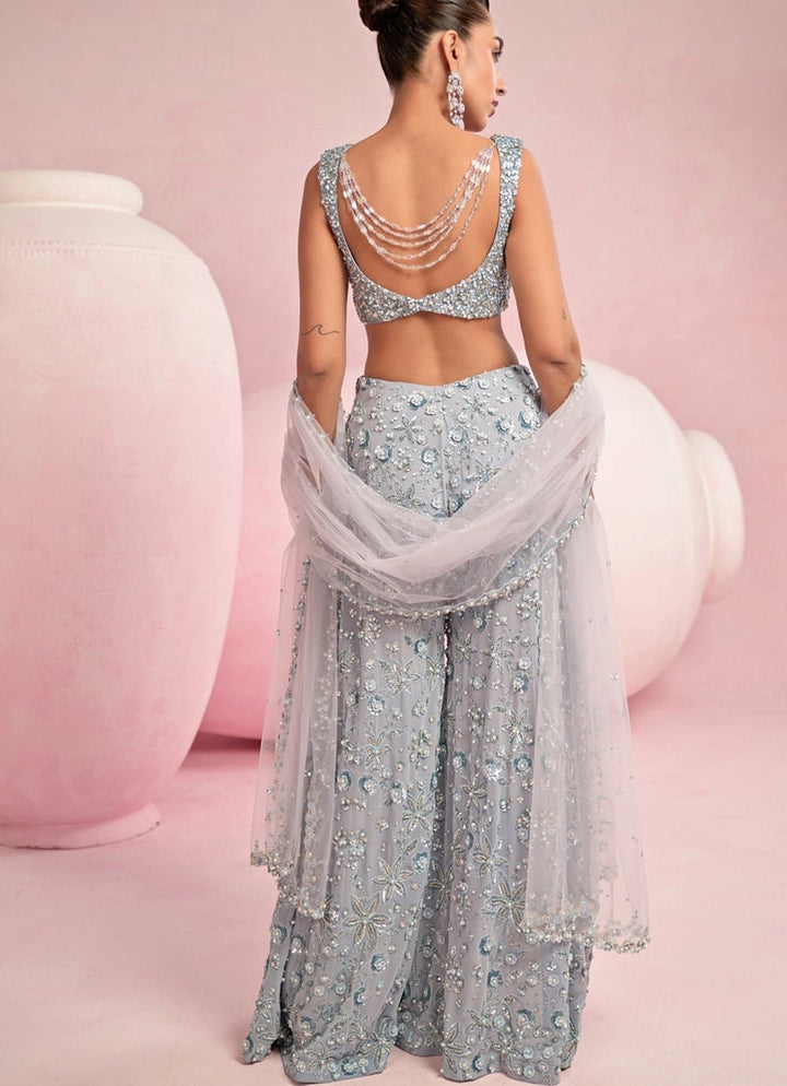 Light Blue Sequined Blouse Sharara Set Prevasu - Fabilicious Fashion