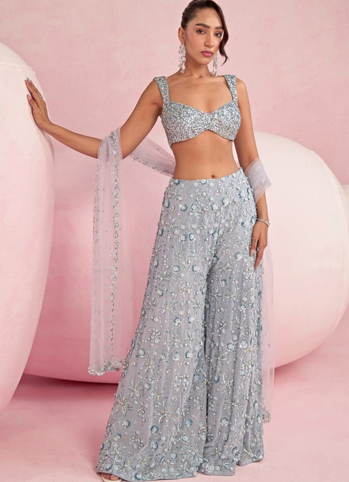 Light Blue Sequined Blouse Sharara Set Prevasu - Fabilicious Fashion