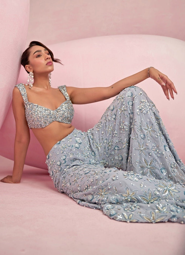 Light Blue Sequined Blouse Sharara Set Prevasu - Fabilicious Fashion