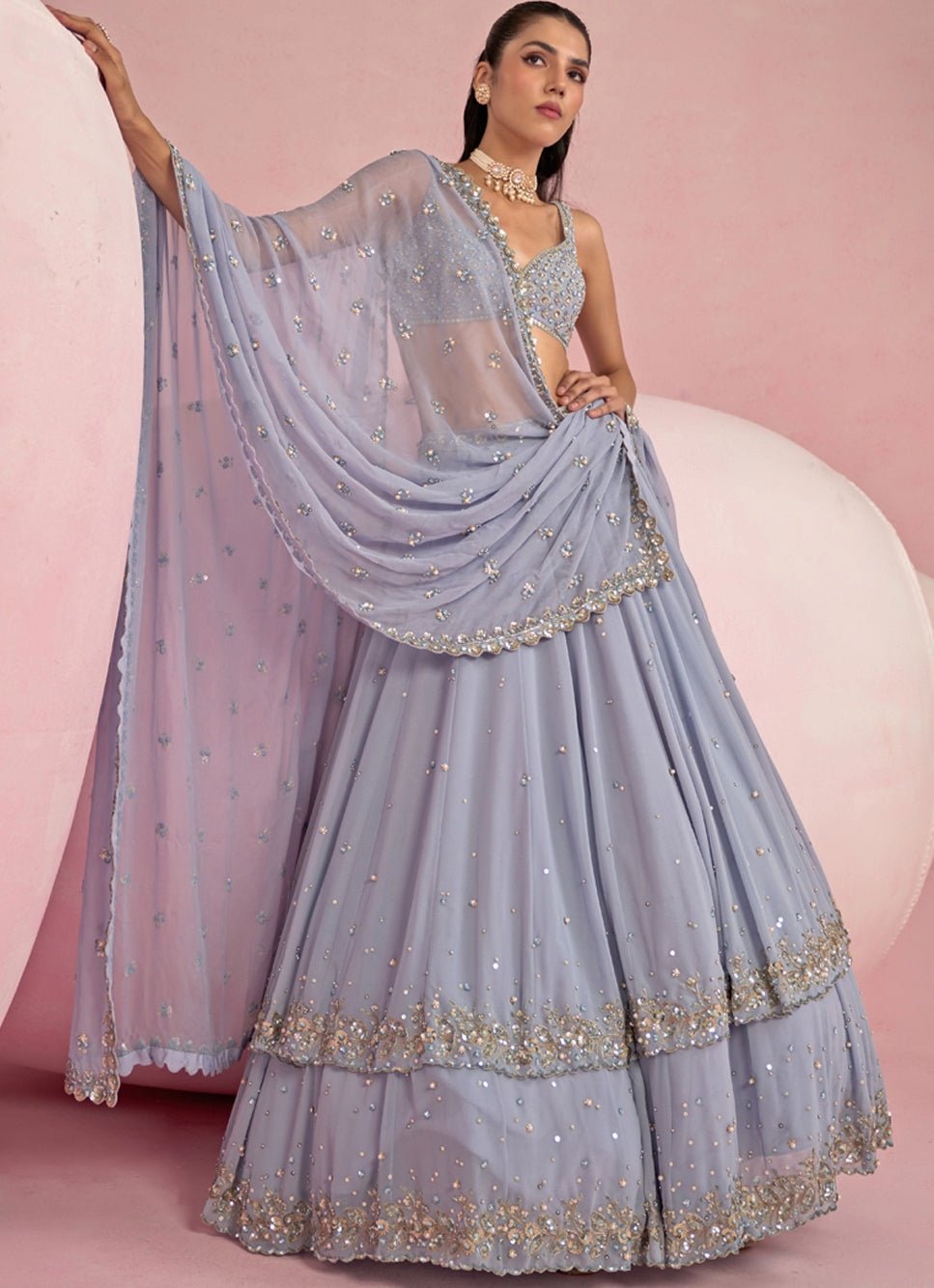 Light Blue Sequined Georgette Lehenga Set Prevasu - Fabilicious Fashion