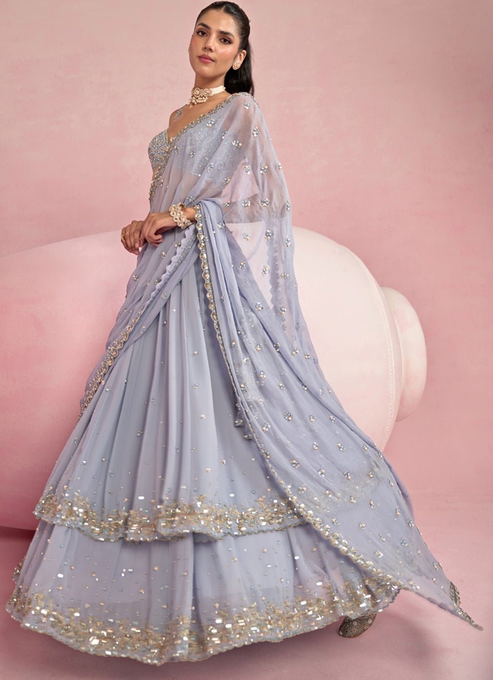 Light Blue Sequined Georgette Lehenga Set Prevasu - Fabilicious Fashion