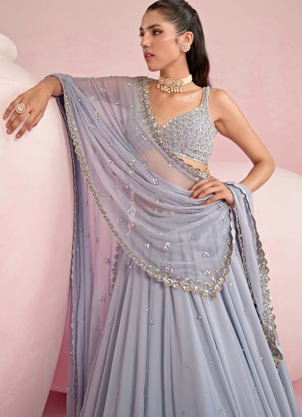 Light Blue Sequined Georgette Lehenga Set Prevasu - Fabilicious Fashion