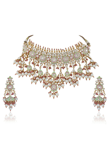 Light Green And Pink Meena Work Necklace Set With Pearl Riana by Shikha Jindal - Fabilicious Fashion