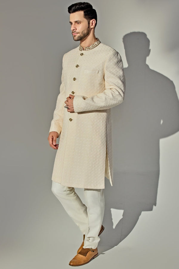 Light pink embroidered achkan and pant set for men by Chatenya Mittal