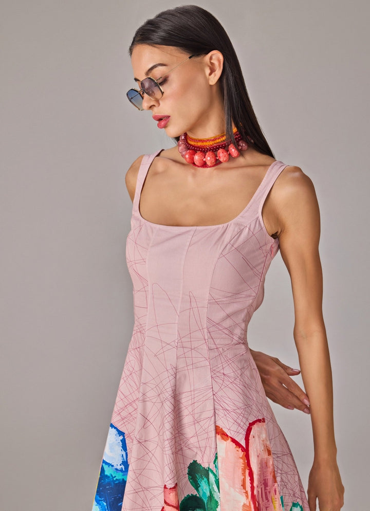 Light Pink Multicolour Floral Print Midi Flared Dress Saaksha &amp; Kinni - Fabilicious Fashion