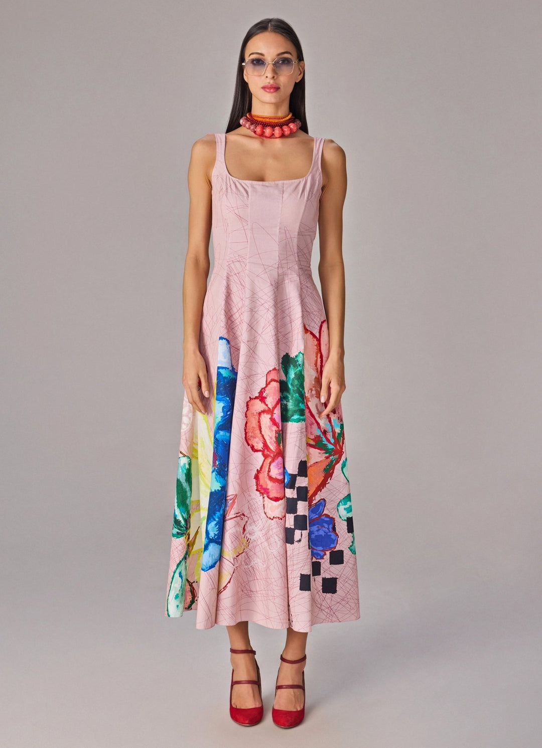 Light Pink Multicolour Floral Print Midi Flared Dress Saaksha & Kinni - Fabilicious Fashion