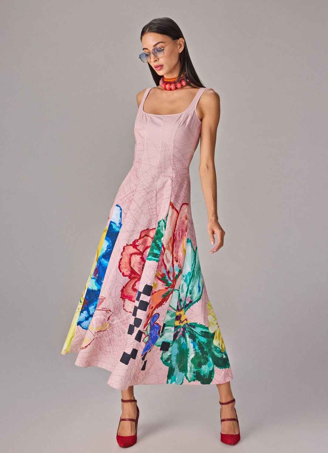 Light Pink Multicolour Floral Print Midi Flared Dress Saaksha &amp; Kinni - Fabilicious Fashion