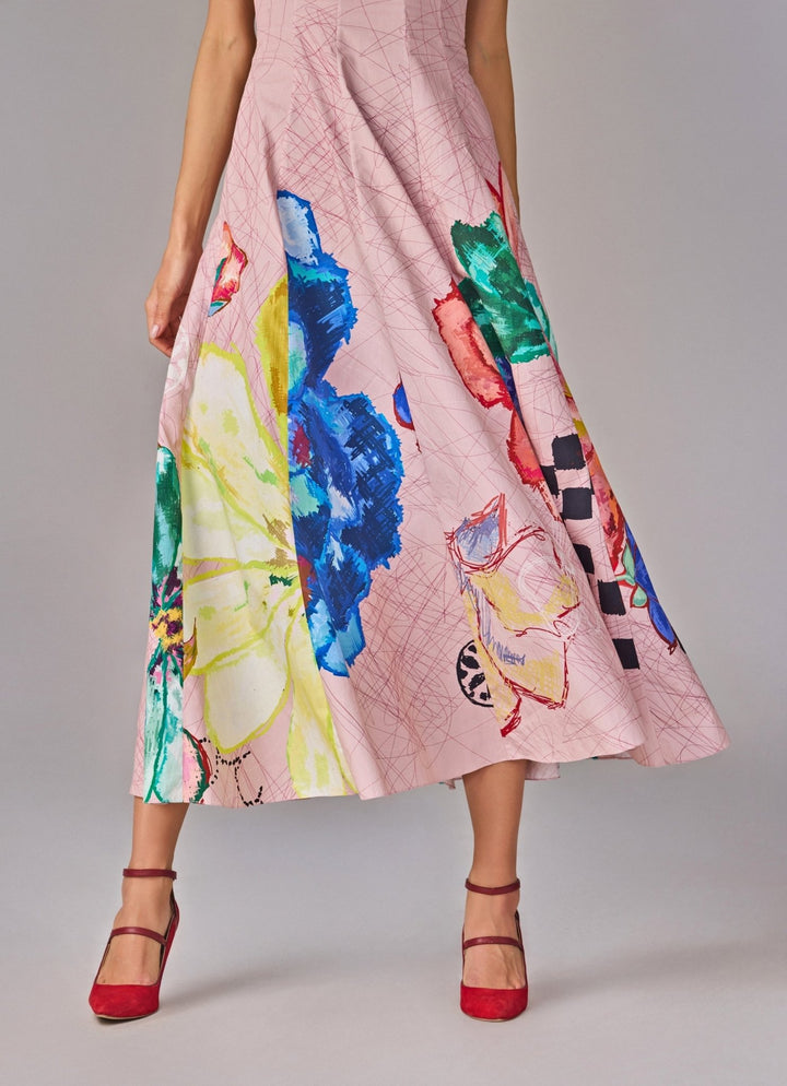 Light Pink Multicolour Floral Print Midi Flared Dress Saaksha &amp; Kinni - Fabilicious Fashion