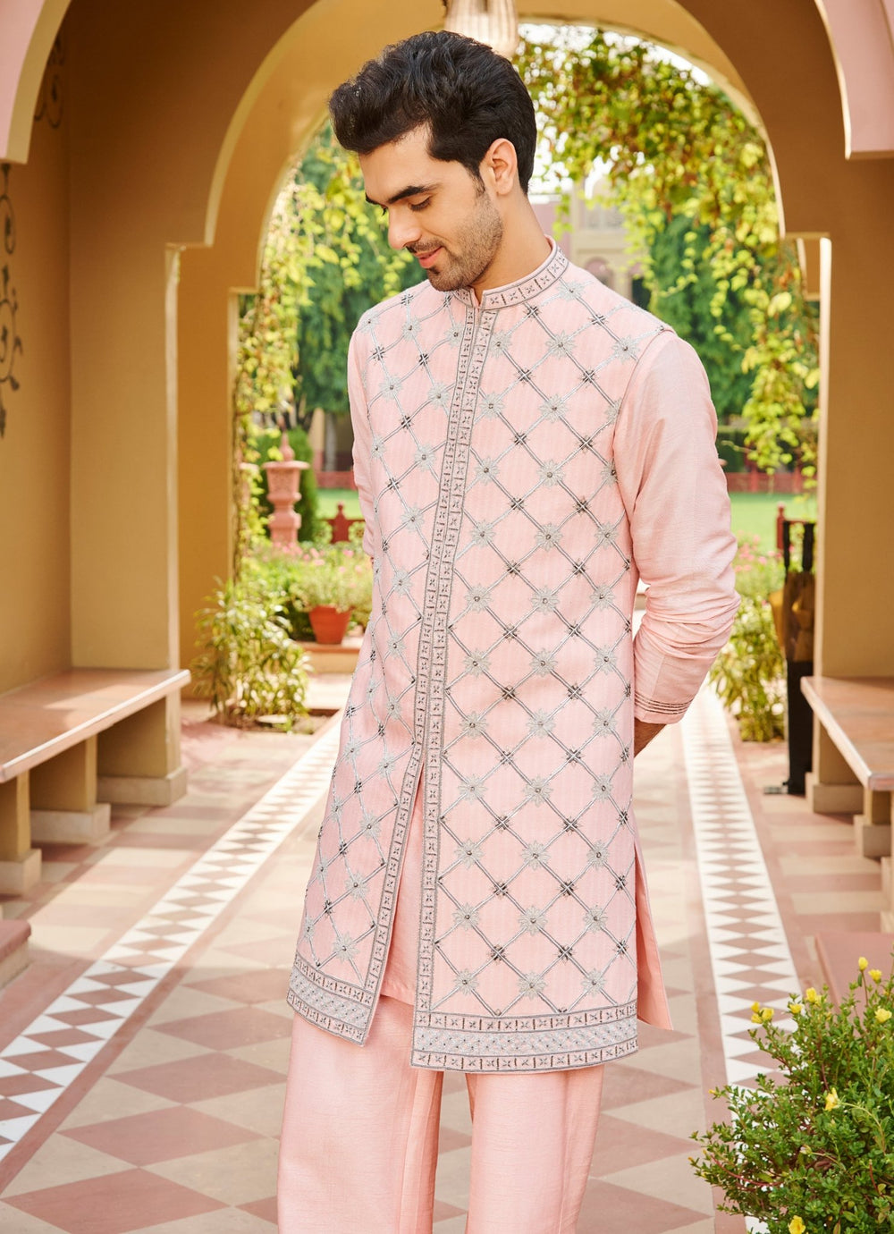 Light Pink Silk Kurta Jacket Set Contrast By Parth - Fabilicious Fashion