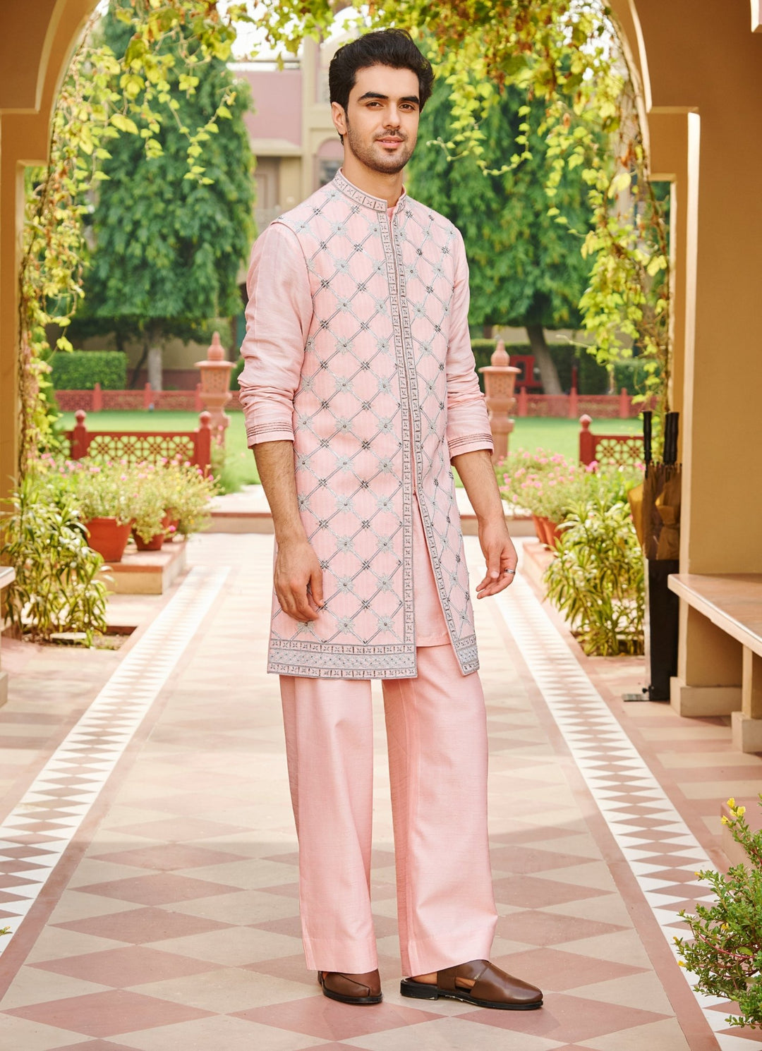 Light Pink Silk Kurta Jacket Set Contrast By Parth - Fabilicious Fashion