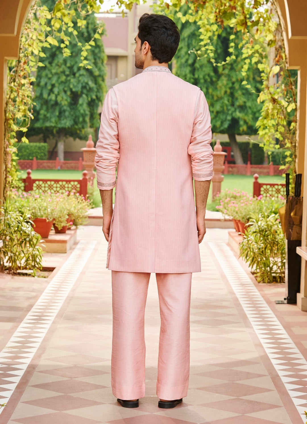Light Pink Silk Kurta Jacket Set Contrast By Parth - Fabilicious Fashion