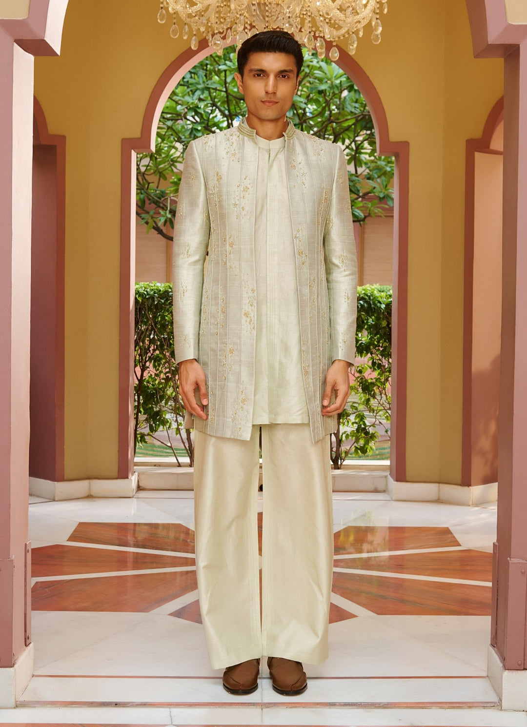 Light Sage Green Embroidered Sherwani Set Contrast By Parth - Fabilicious Fashion