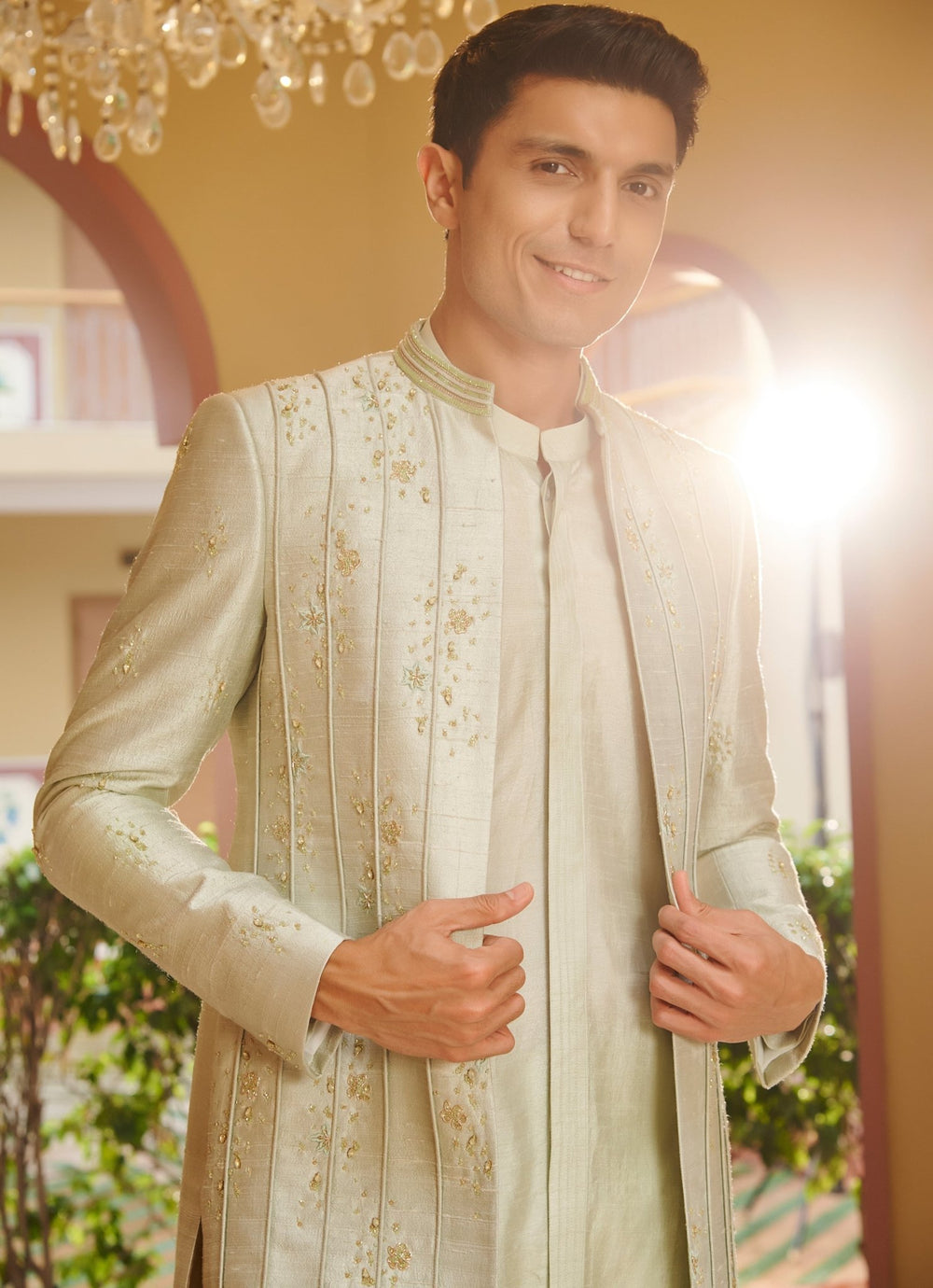 Light Sage Green Embroidered Sherwani Set Contrast By Parth - Fabilicious Fashion