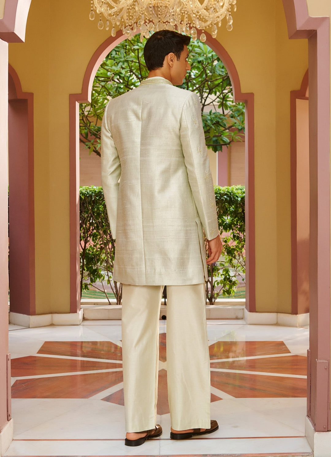 Light Sage Green Embroidered Sherwani Set Contrast By Parth - Fabilicious Fashion