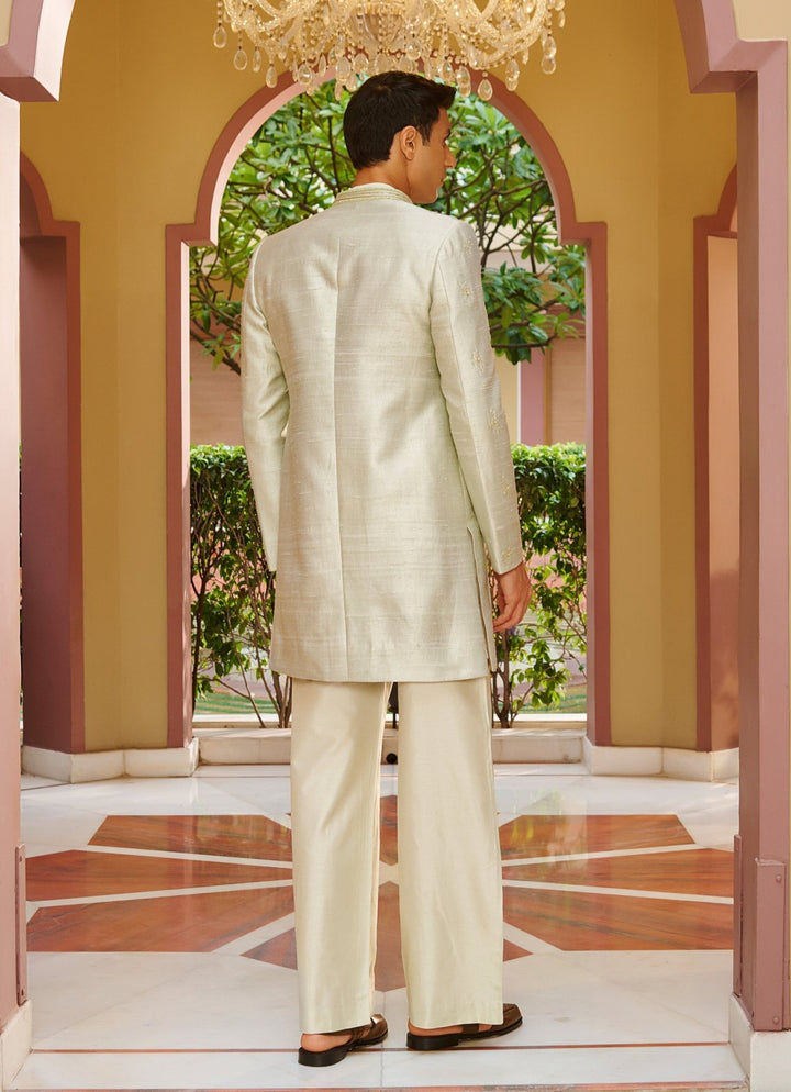 Light Sage Green Embroidered Sherwani Set Contrast By Parth - Fabilicious Fashion