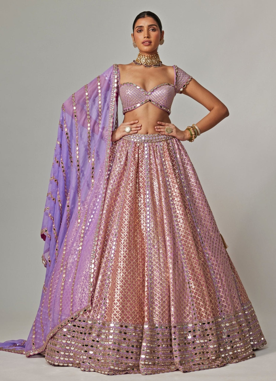 Lilac And Blush Pink Gota Embroidered Bridal Lehenga Set Vvani by Vani Vats - Fabilicious Fashion