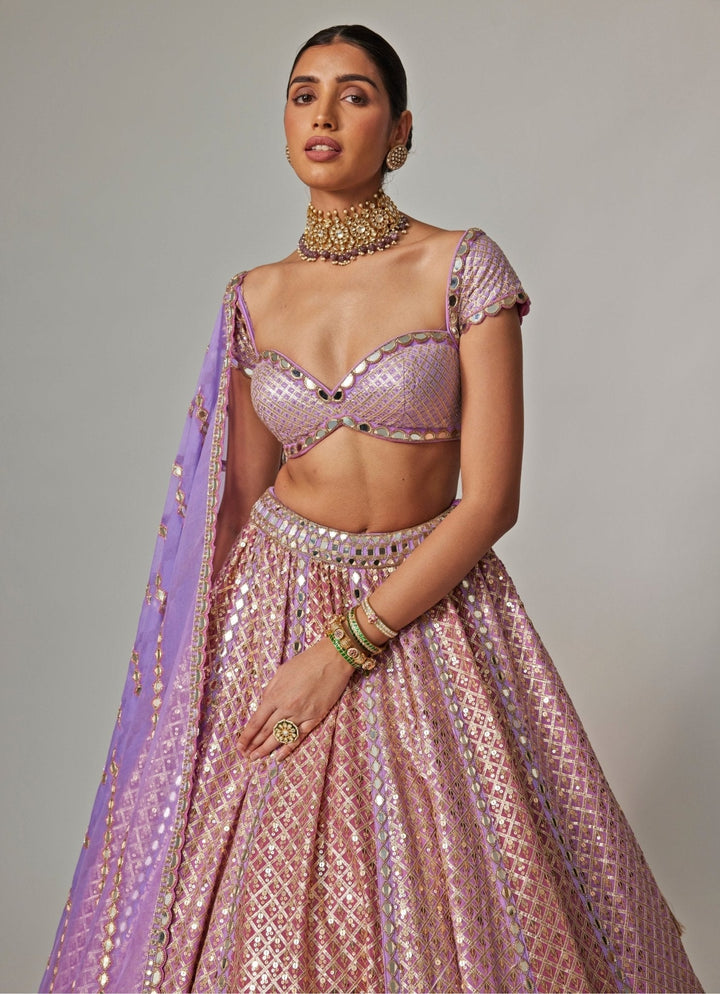 Lilac And Blush Pink Gota Embroidered Bridal Lehenga Set Vvani by Vani Vats - Fabilicious Fashion