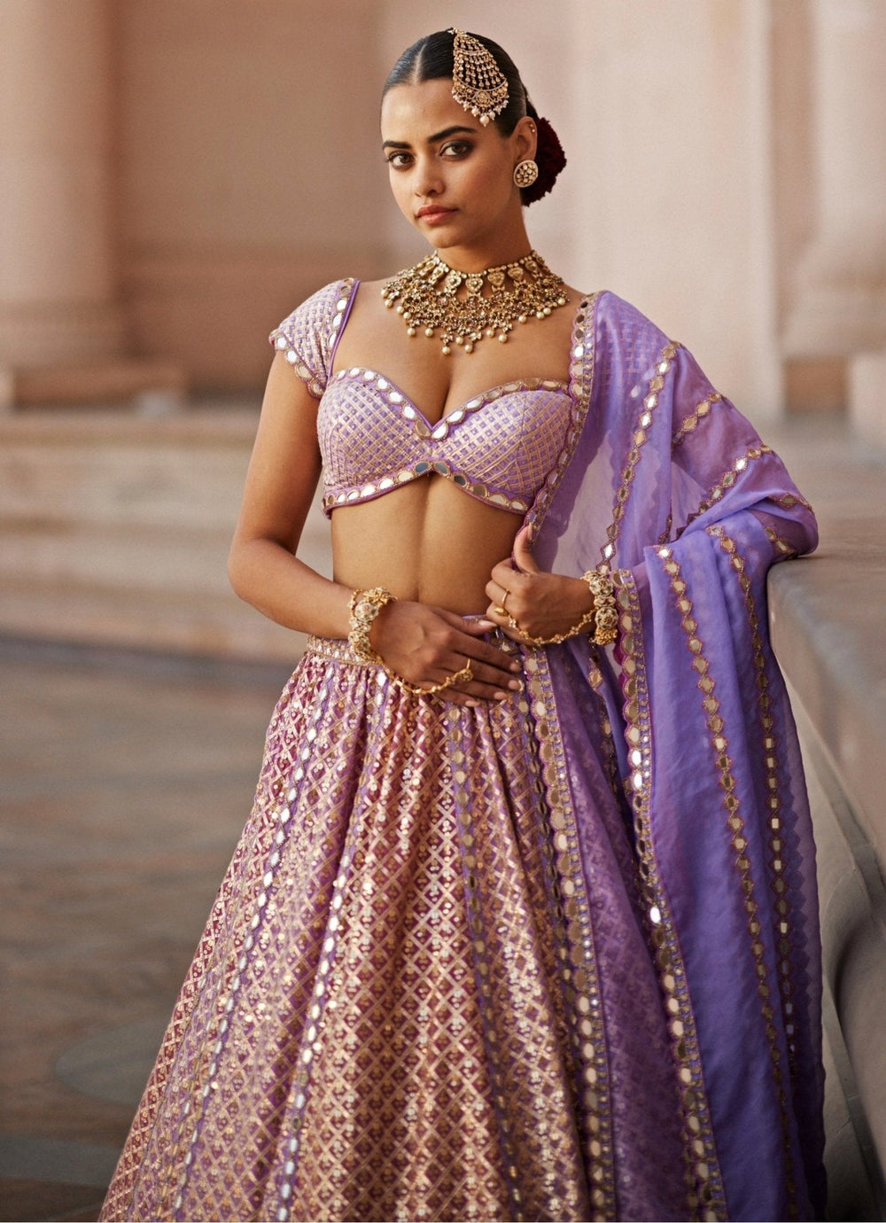 Lilac And Blush Pink Gota Embroidered Bridal Lehenga Set Vvani by Vani Vats - Fabilicious Fashion