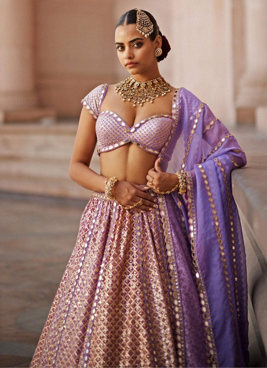 Lilac And Blush Pink Gota Embroidered Bridal Lehenga Set Vvani by Vani Vats - Fabilicious Fashion