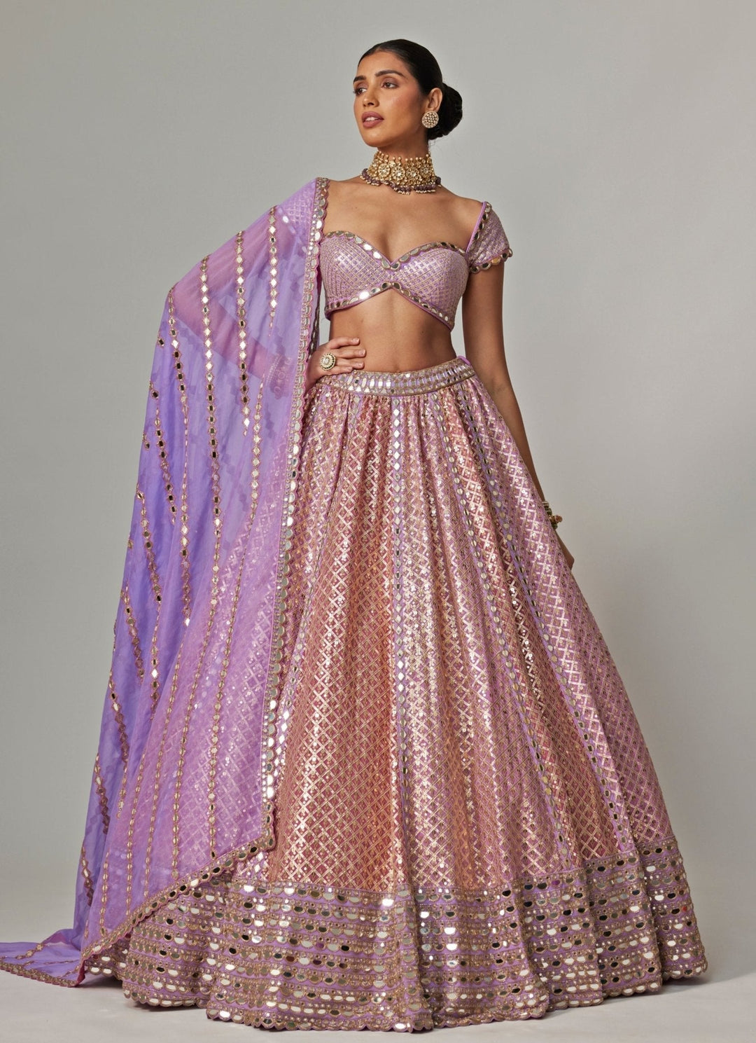 Lilac And Blush Pink Gota Embroidered Bridal Lehenga Set Vvani by Vani Vats - Fabilicious Fashion