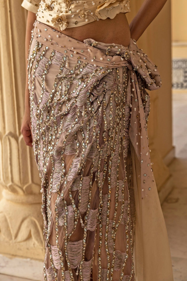 Moledro Lilac And Nude Shimmer Net Drape Skirt SetFabilicious Fashion