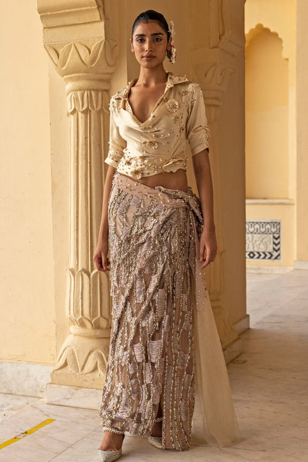 Lilac and nude shimmer net drape skirt set by Moledro