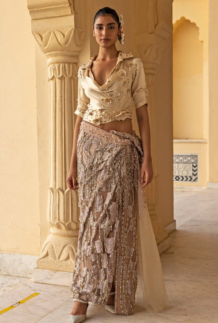 Moledro Lilac And Nude Shimmer Net Drape Skirt SetFabilicious Fashion