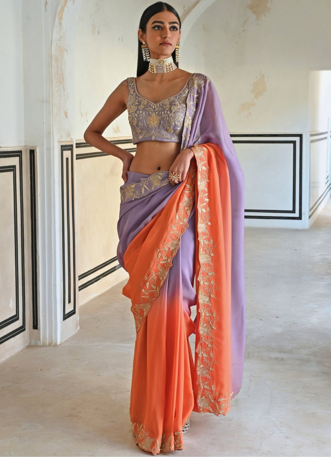Lilac And Orange Ombre Organza Embroidered Saree Set Ease - Fabilicious Fashion